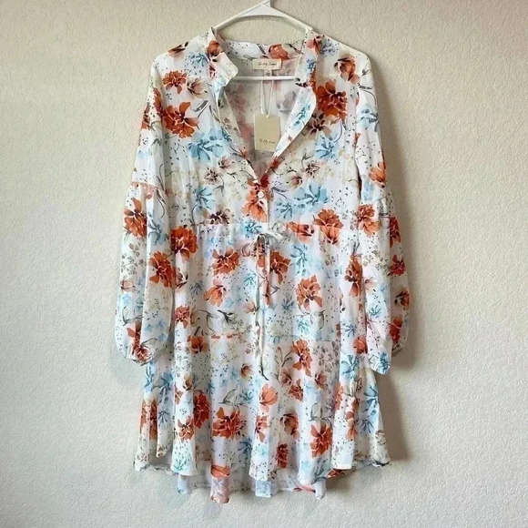 To My Lovers Sheer Floral Dress Women's Size Small Long Sleeve White Blue - Picture 2 of 10